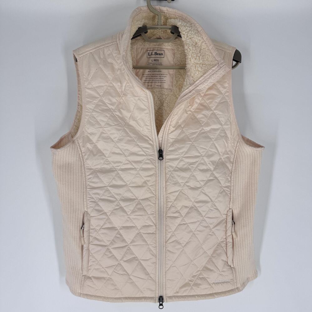 L.L.Bean Vest Womens Large Cream Quilted‎ Sherpa Fleece Lined Zip Pockets YKK